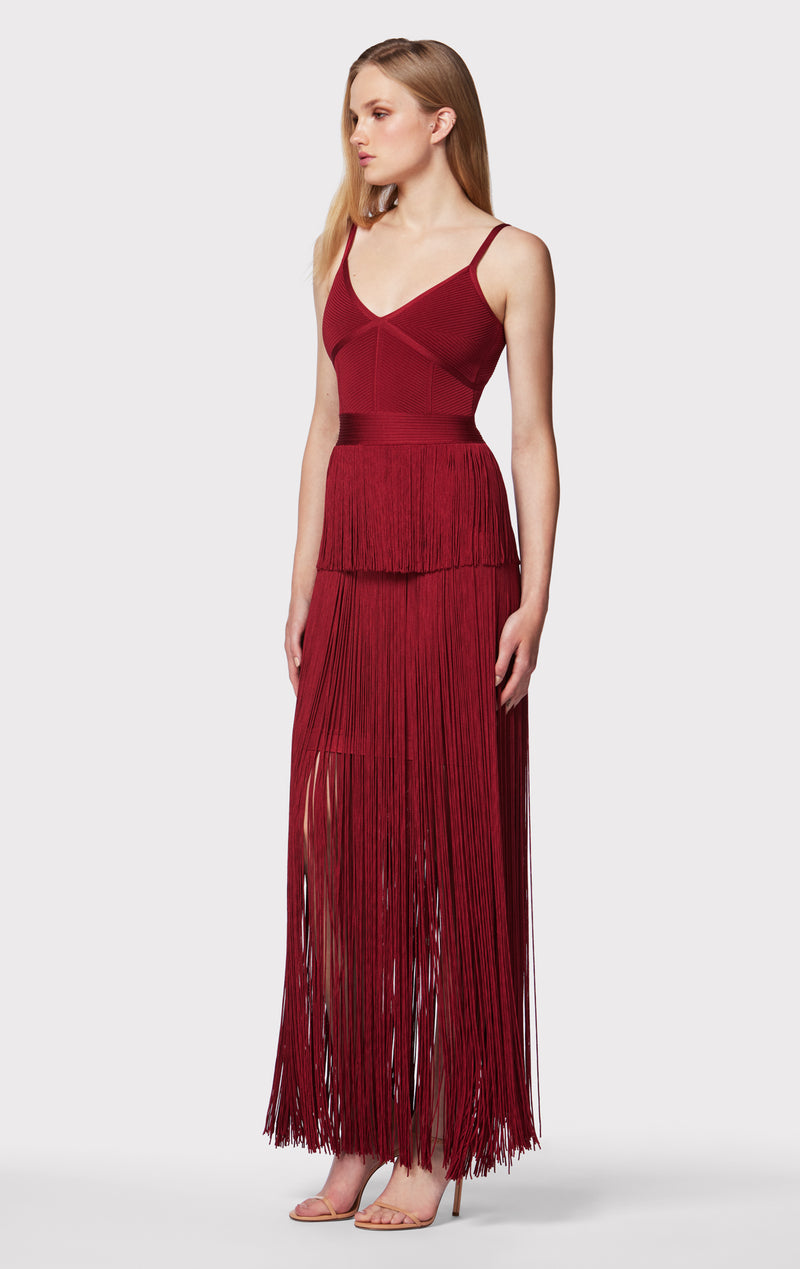 STRAPPY OTTOMAN FRINGE GOWN