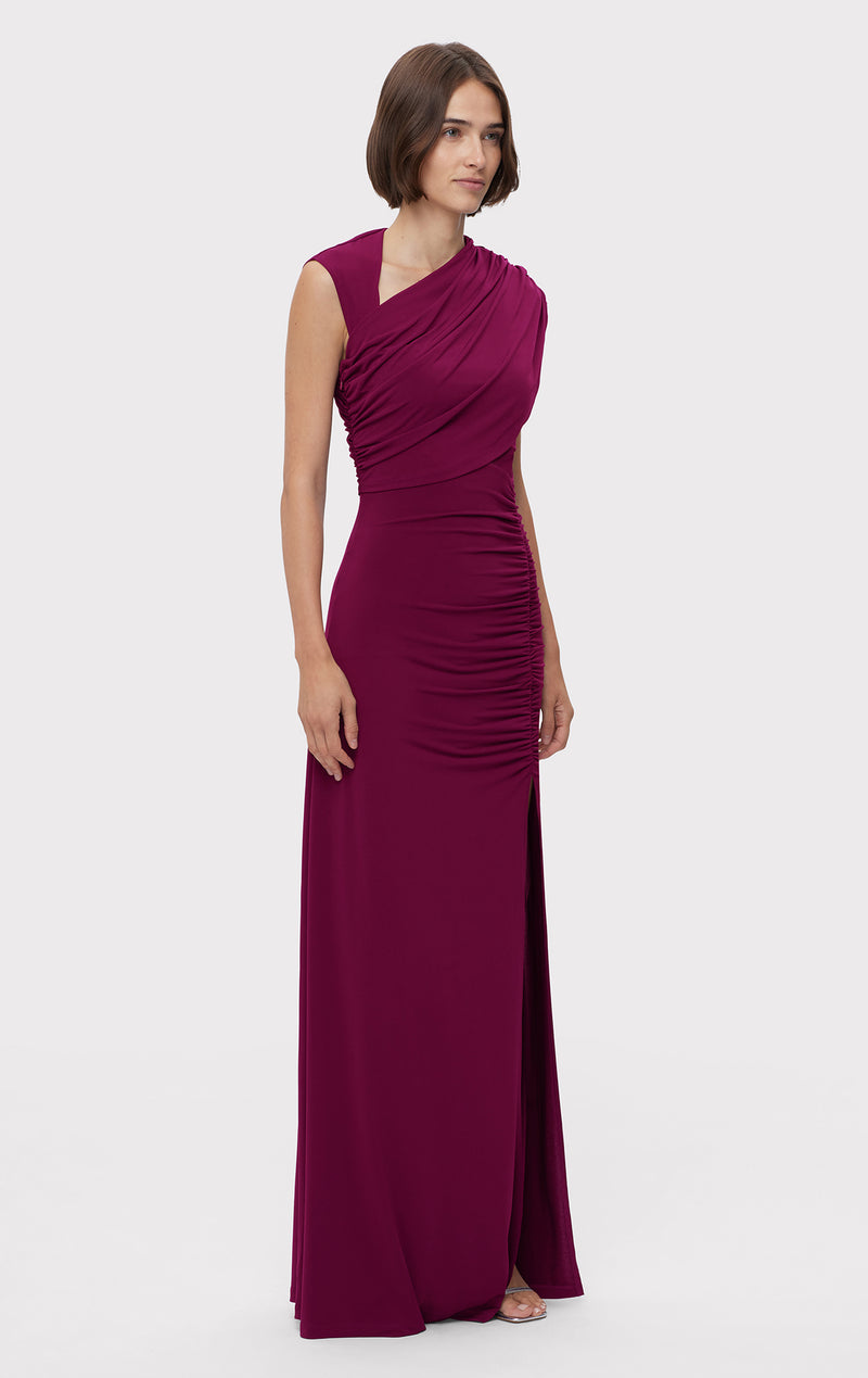 RUCHED MATTE JERSEY S/L DRAPED GOWN