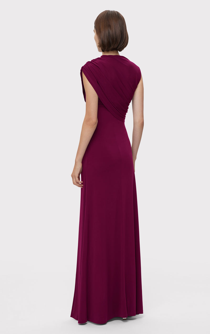 RUCHED MATTE JERSEY S/L DRAPED GOWN