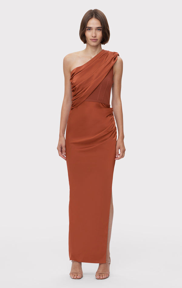 RUCHED WOVEN COMBO S/L GOWN