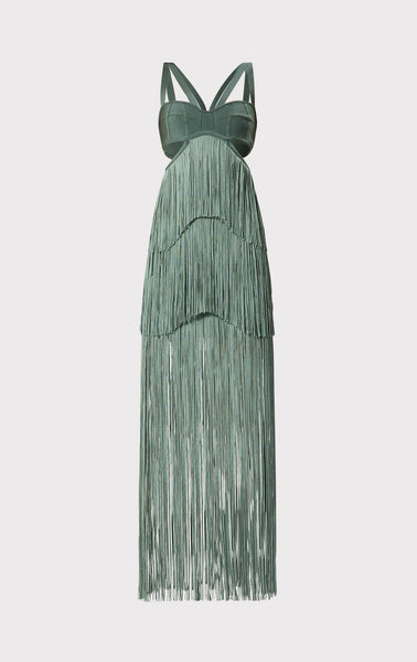 STRAPPY TIERED FRINGE GOWN