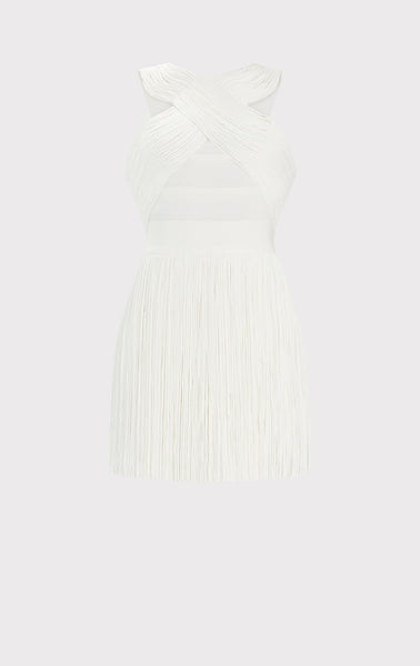 CROSSOVER HALTER FRINGE MINI DRESS