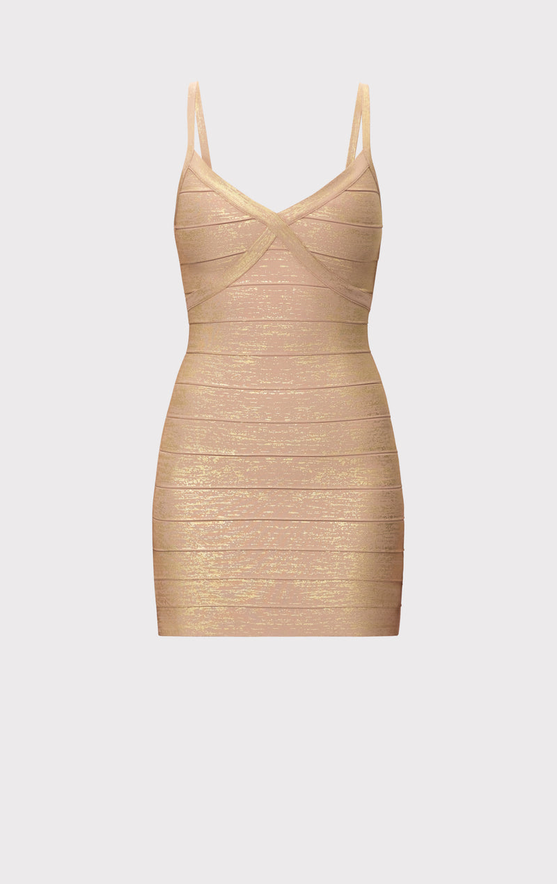 metallic gold party dress THE AFTER – HERVÉ LÉGER midi-dress