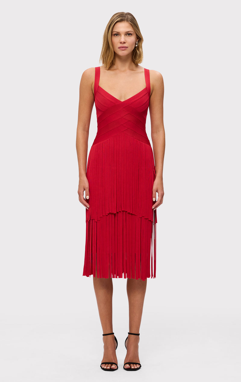 herve leger red fringe dress Contour Bust Fringe Gown