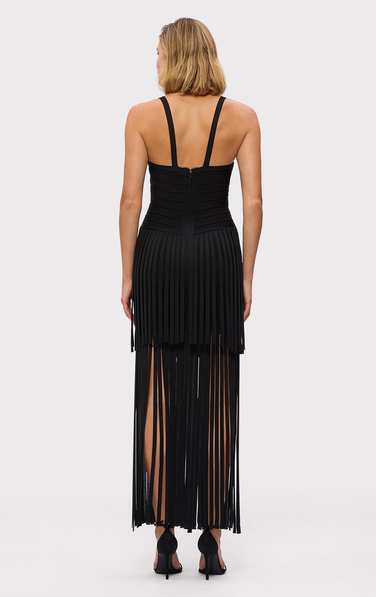 herve leger black fringe dress Herv Lger Cutout Draped Fringe Gown