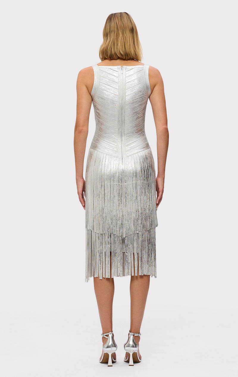 silver metallic fringe dress Coast Party Sequin Silver Fringe Midi Dress