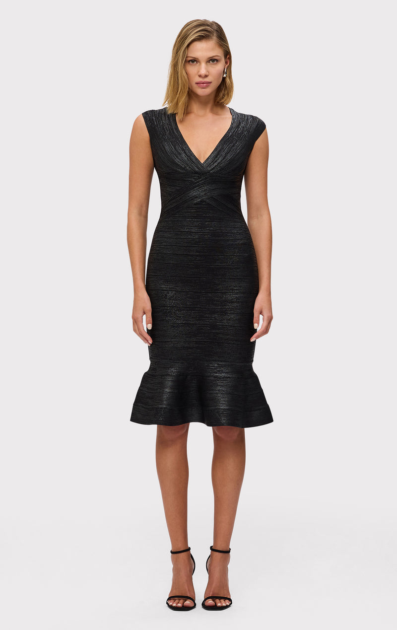 The Metallic Sophie Dress - Black Foil, XXS, by Herve Leger The Metallic Sophie Dress - Black Foil, XXS, by Herve Leger
