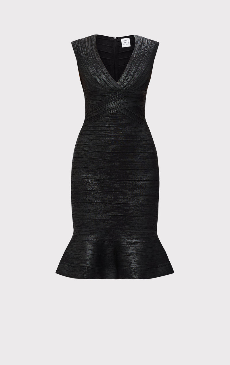 The Metallic Sophie Dress - Black Foil, XXS, by Herve Leger The Metallic Sophie Dress - Black Foil, XXS, by Herve Leger