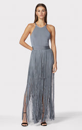 STRAPPY HALTER FRINGE GOWN