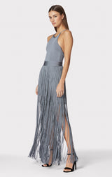 STRAPPY HALTER FRINGE GOWN