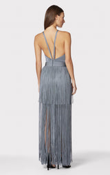 STRAPPY HALTER FRINGE GOWN