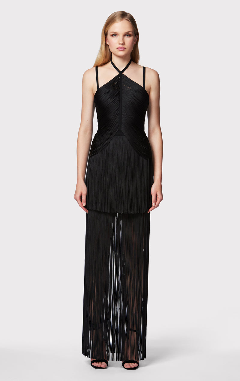 DRAPED FRINGE STRAPPY HALTER GOWN