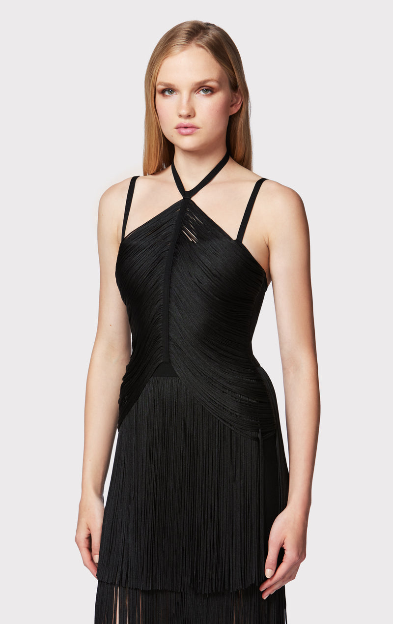 DRAPED FRINGE STRAPPY HALTER GOWN