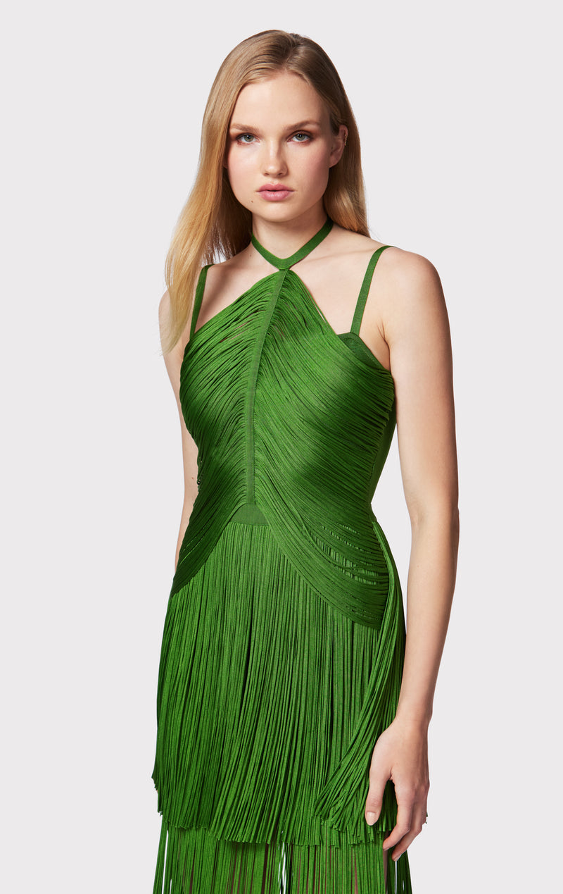 DRAPED FRINGE STRAPPY HALTER GOWN
