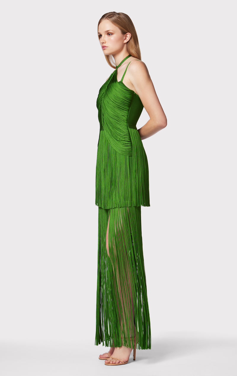 DRAPED FRINGE STRAPPY HALTER GOWN
