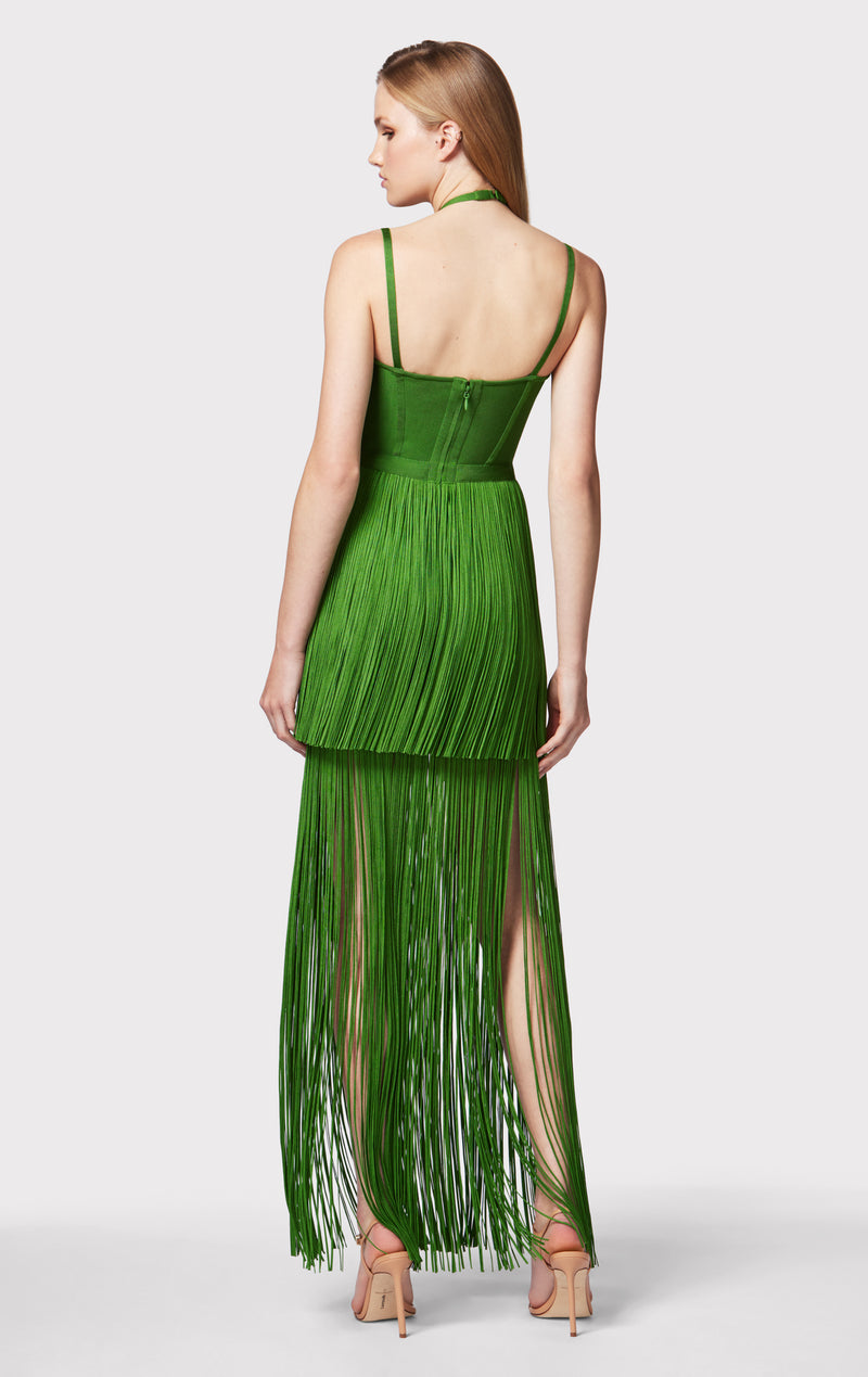 DRAPED FRINGE STRAPPY HALTER GOWN