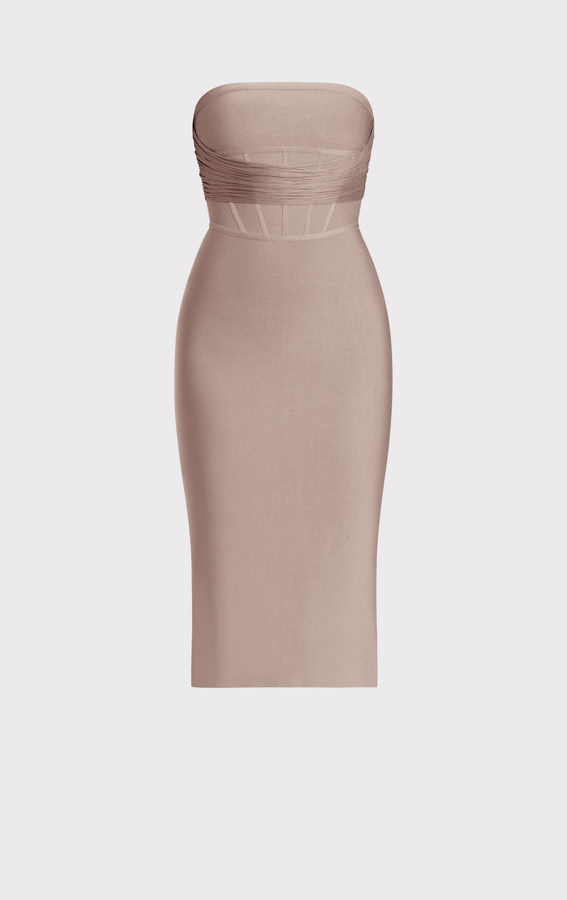 beige bandage dress BEIGE BANDAGE DRESS WITH DIAMANTE FISHNET INSERT Arelia's Dream