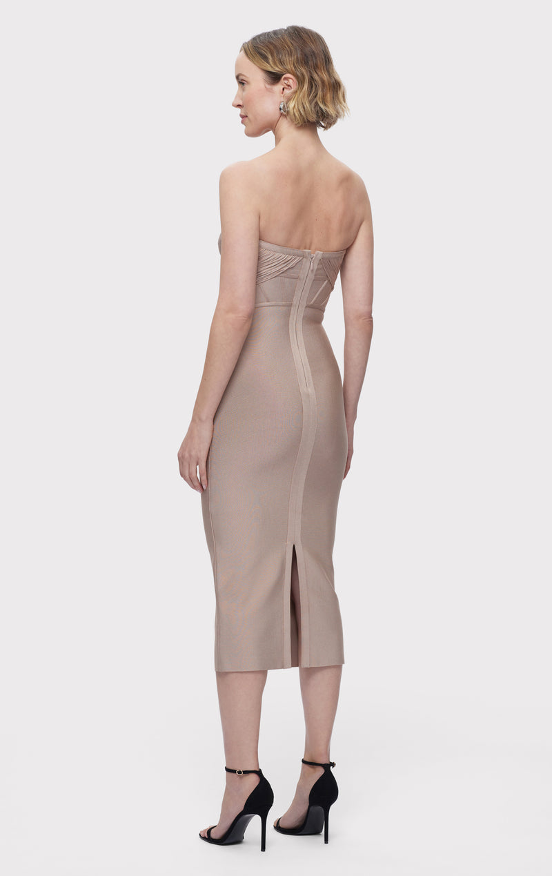 draped strapless dress DRAPED STRAPLESS FRINGE MIDI DRESS – HERVÉ LÉGER