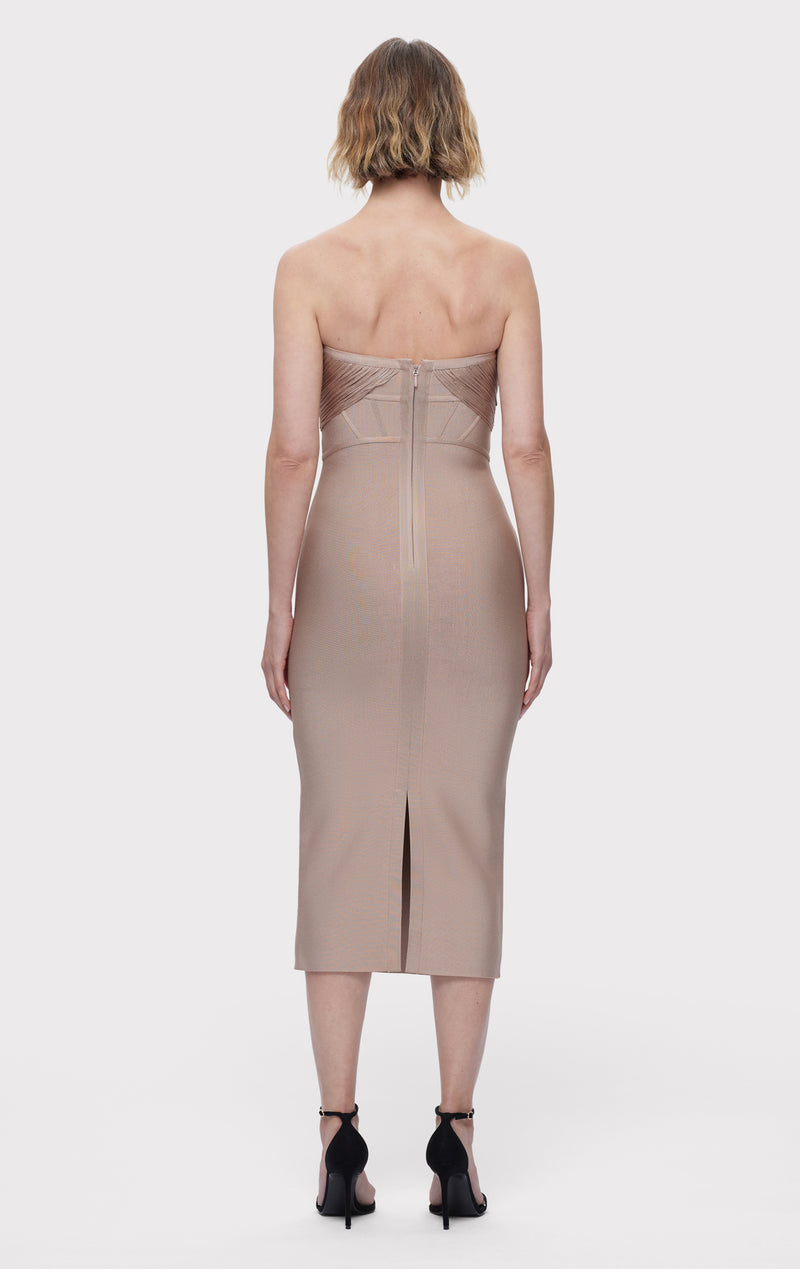 strapless bodycon midi dress DRAPED STRAPLESS FRINGE MIDI DRESS – HERVÉ LÉGER