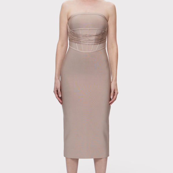beige strapless midi dress Draped Strapless Fringe Midi Dress Dune / XXS