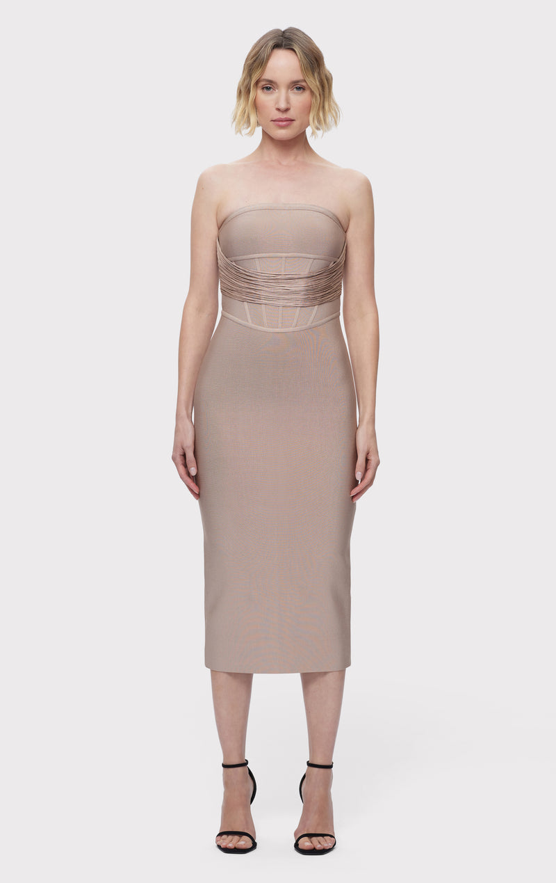 herve leger beige dress $3,500 NWT Authentic Herve Leger Runway "Meriam" S Nude Mesh Bandage Dress
