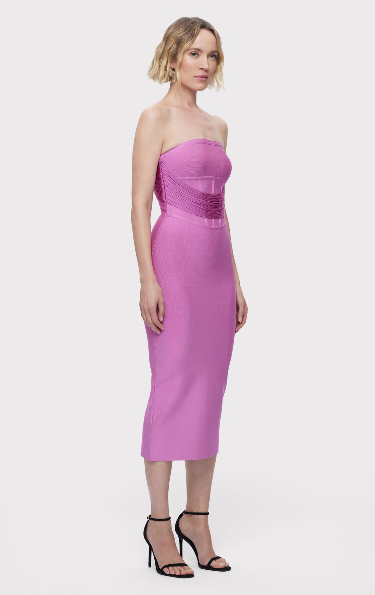 Hervé Léger Draped Strapless Fringe Midi Dress, Guava, XXS
