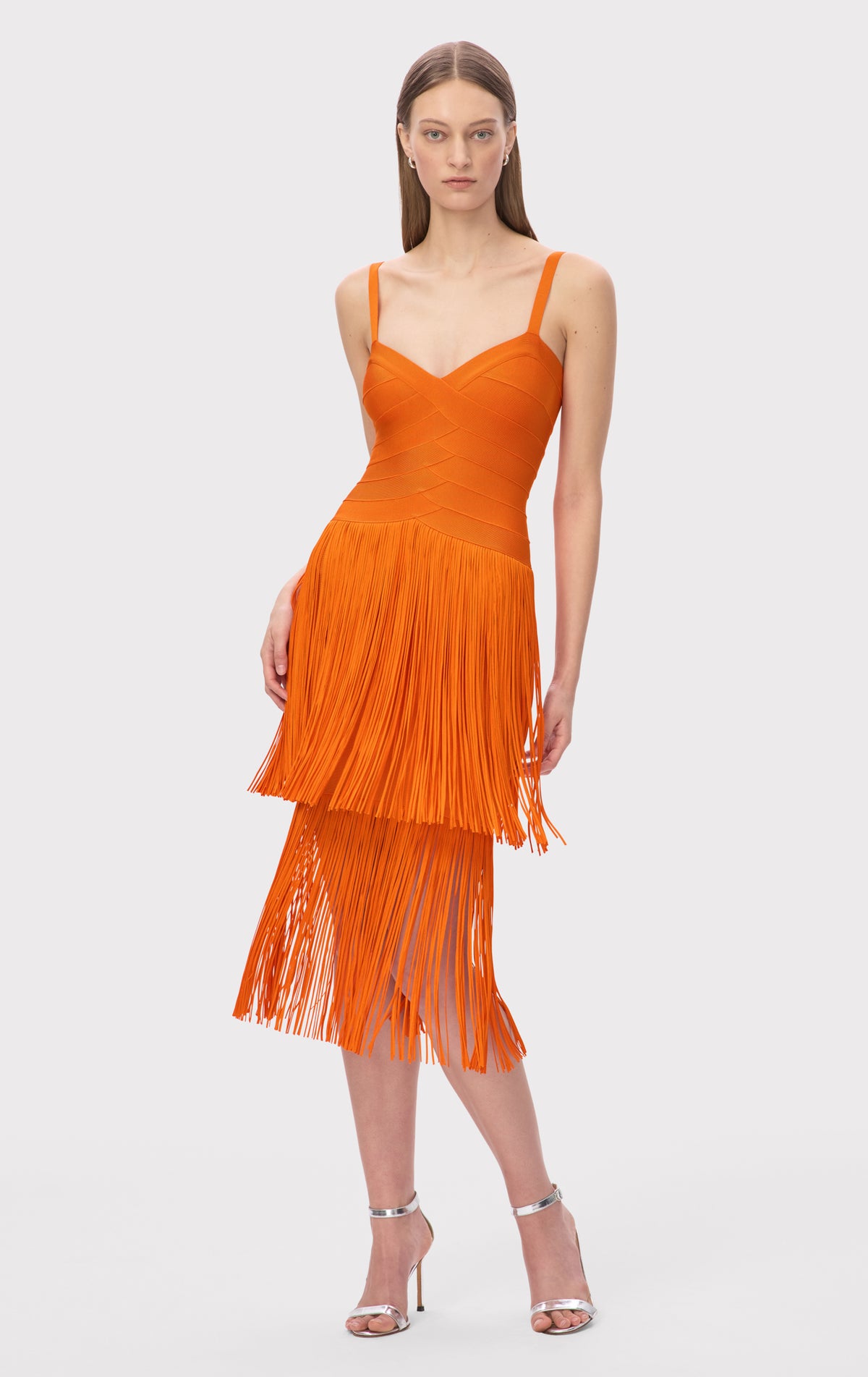 open lace back dress HERVE LEGER Orange Fringed Bodycon Dress Size XS – The Paper Bag Princess