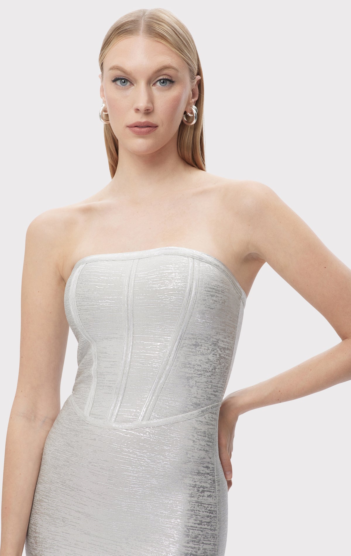 herve leger silver foil bandage dress Herve Leger Metallic Coated Bandage Gown In Silver