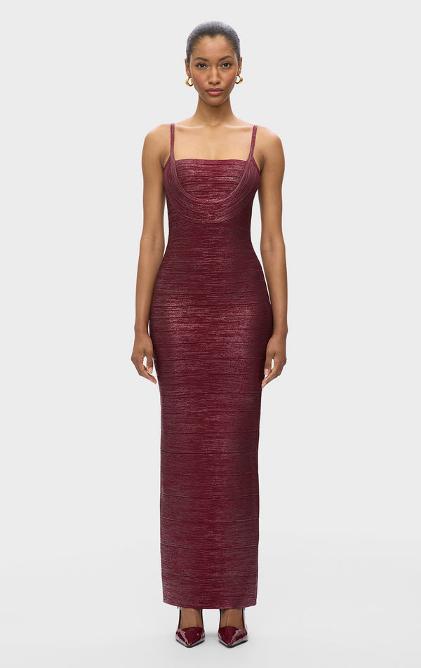 herve leger burgundy dress 1990S HERVE LEGER Burgundy Haute Couture Rayon Blend High Neck Bandage MORPHEW