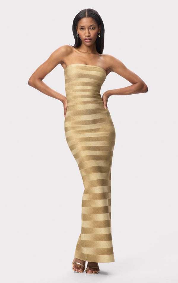 herve leger dress gold The Metallic Gabriella Foil / XS 9% Nylon The Nia Gown - Gold