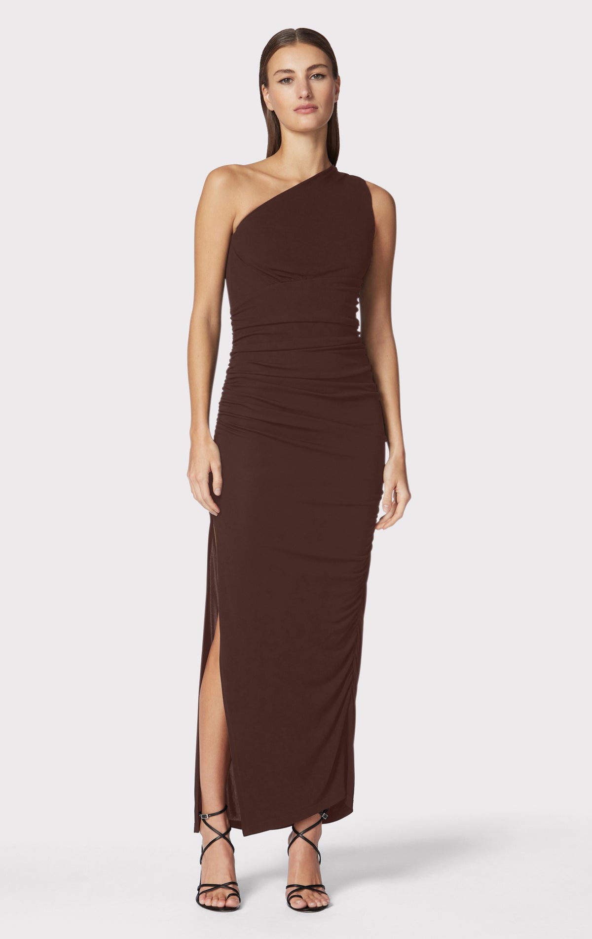 one shoulder ruched irregular dress HERVÉ LÉGER JERSEY MIDI DRESS, Coffee, XXS under $5 Clothes Store Size:XL- Made to Order Yellow Tulle Mermaid V-neck 1.25 inch