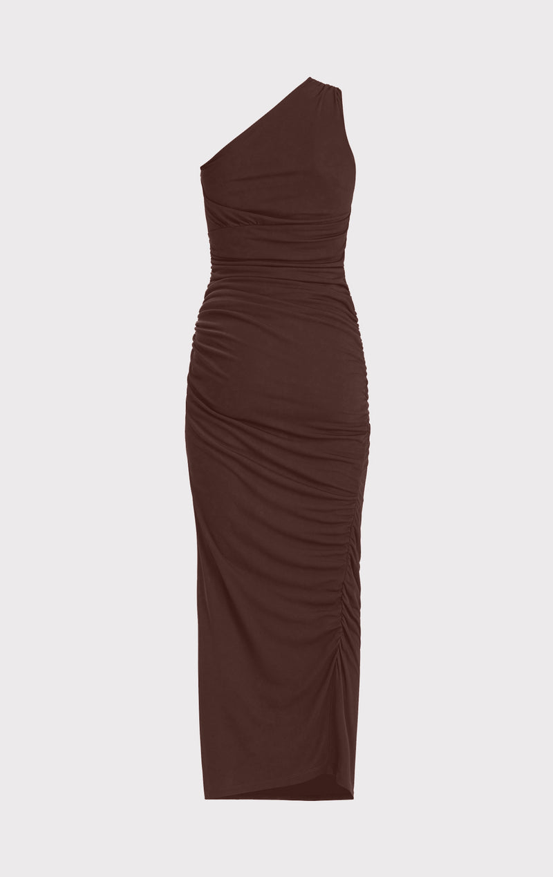 RUCHED JERSEY ONE SHOULDER MIDI DRESS