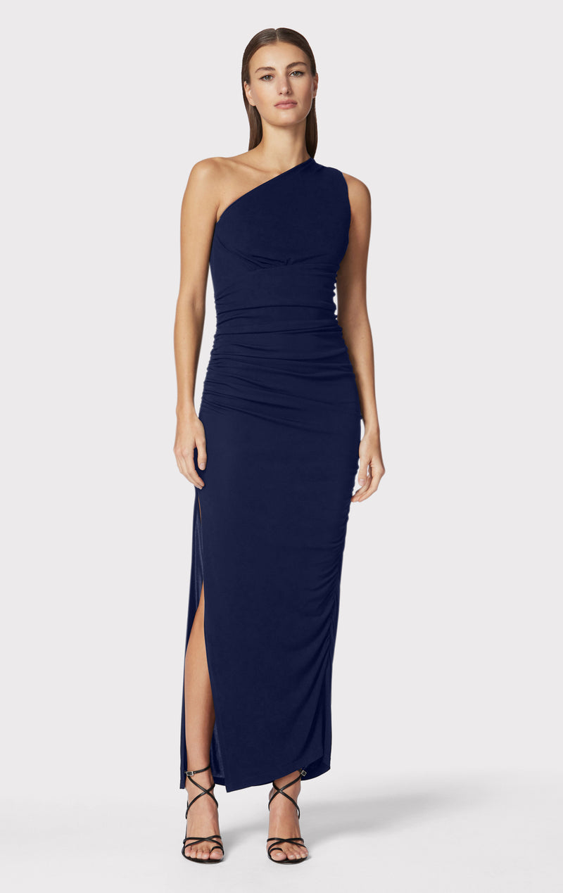RUCHED JERSEY ONE SHOULDER MIDI DRESS