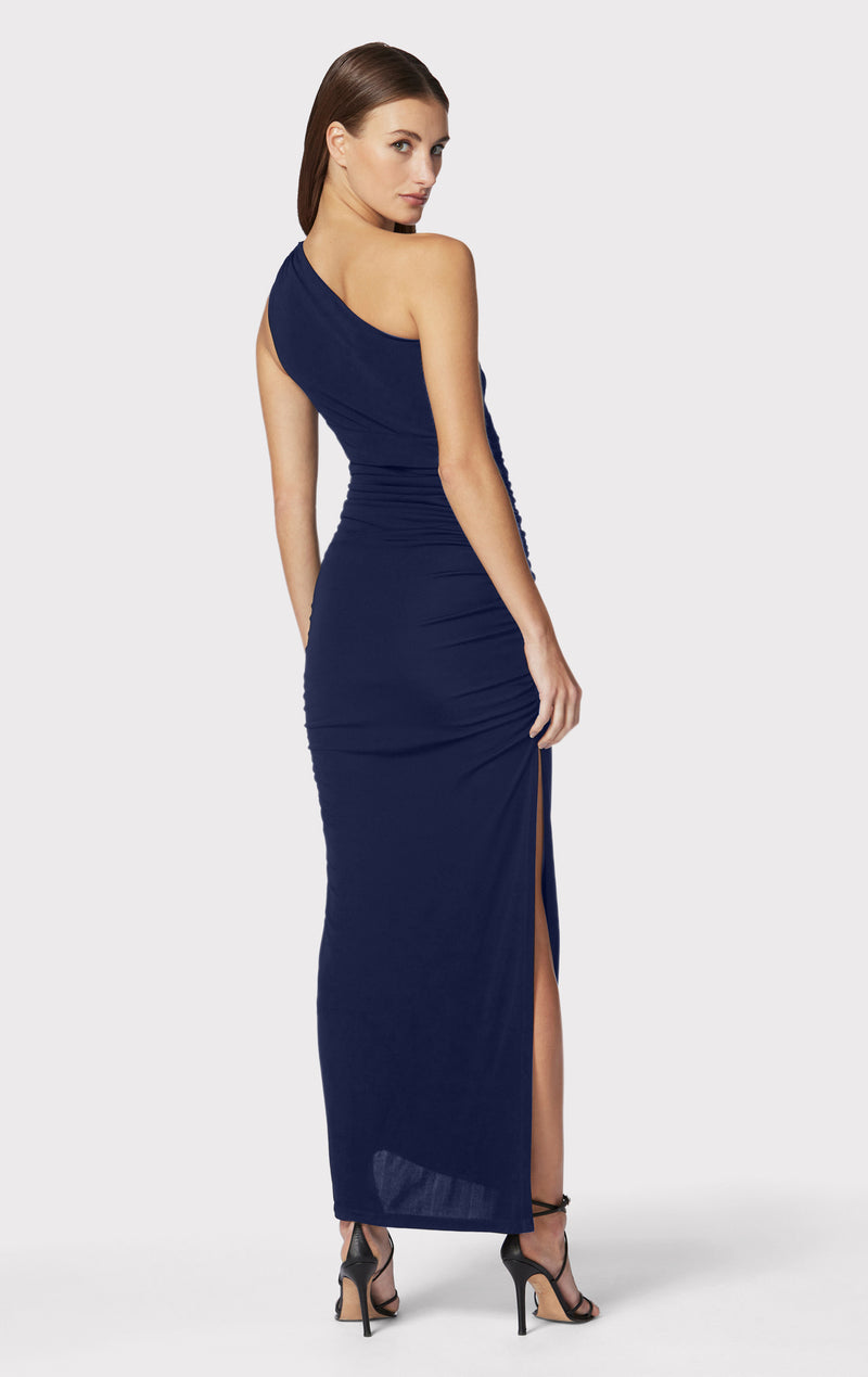 RUCHED JERSEY ONE SHOULDER MIDI DRESS