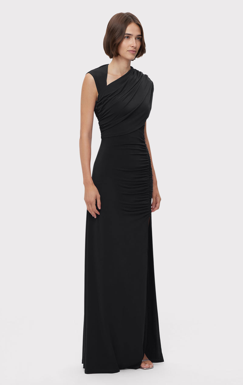 RUCHED MATTE JERSEY S/L DRAPED GOWN