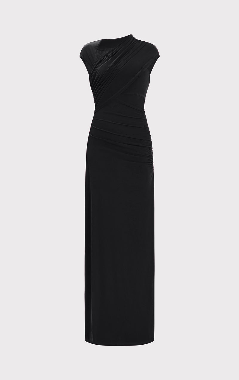 RUCHED MATTE JERSEY S/L DRAPED GOWN