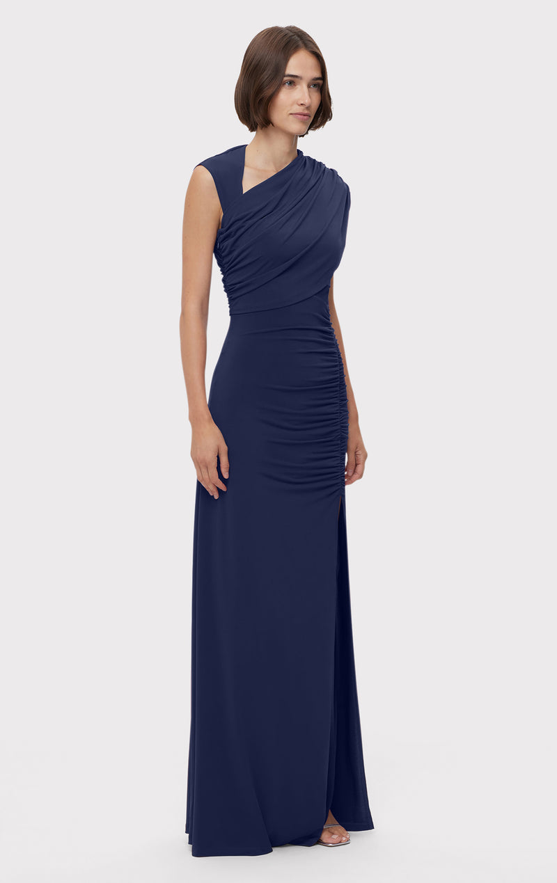 RUCHED MATTE JERSEY S/L DRAPED GOWN