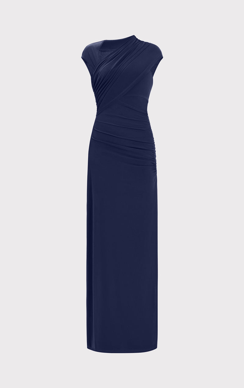 RUCHED MATTE JERSEY S/L DRAPED GOWN
