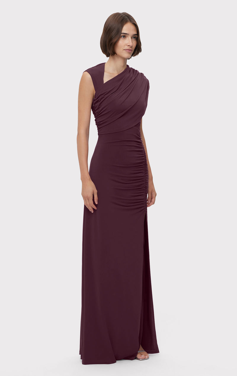 RUCHED MATTE JERSEY S/L DRAPED GOWN