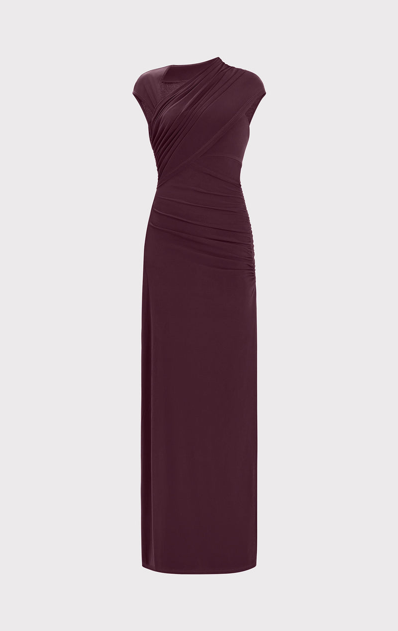 RUCHED MATTE JERSEY S/L DRAPED GOWN