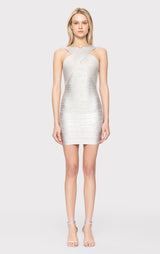 FOIL HALTER MINI DRESS