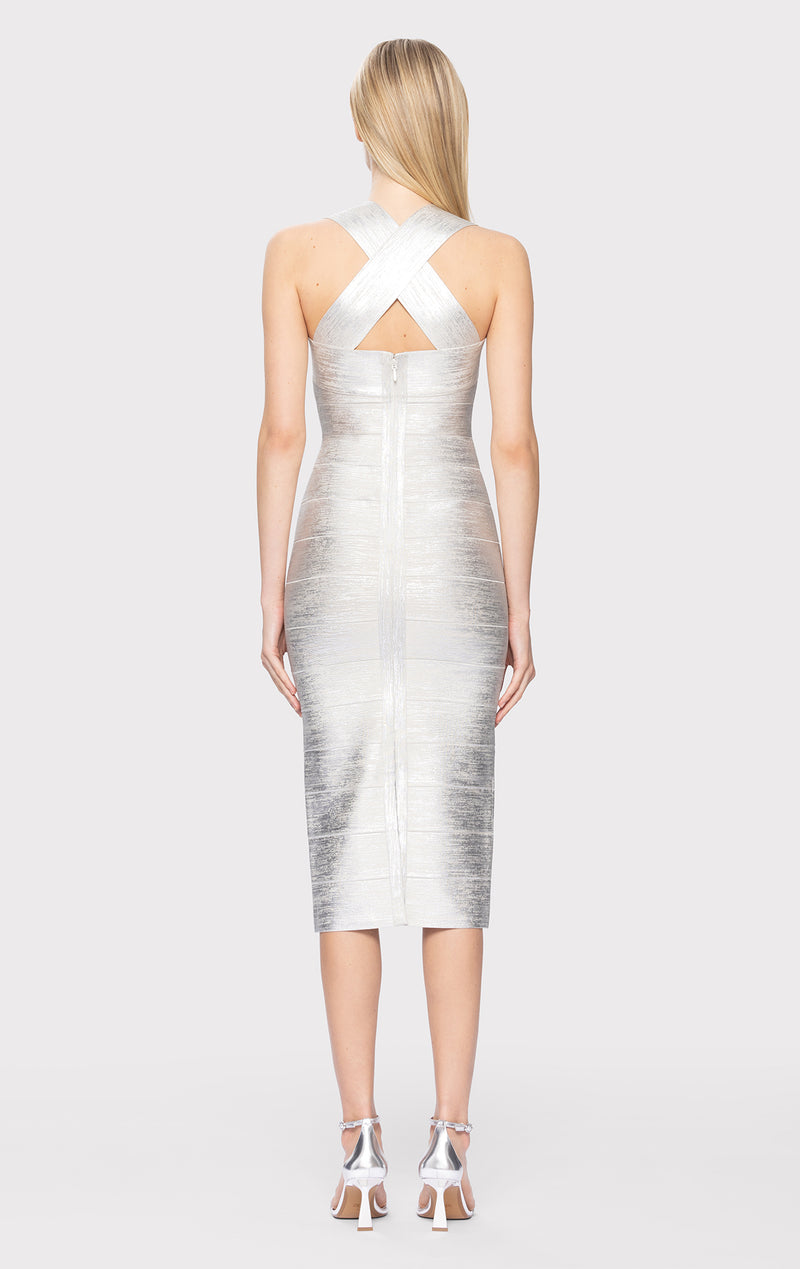 FOIL HALTER X-BACK MIDI DRESS HERV LGER FOIL HALTER X-BACK MIDI DRESS HERV LGER