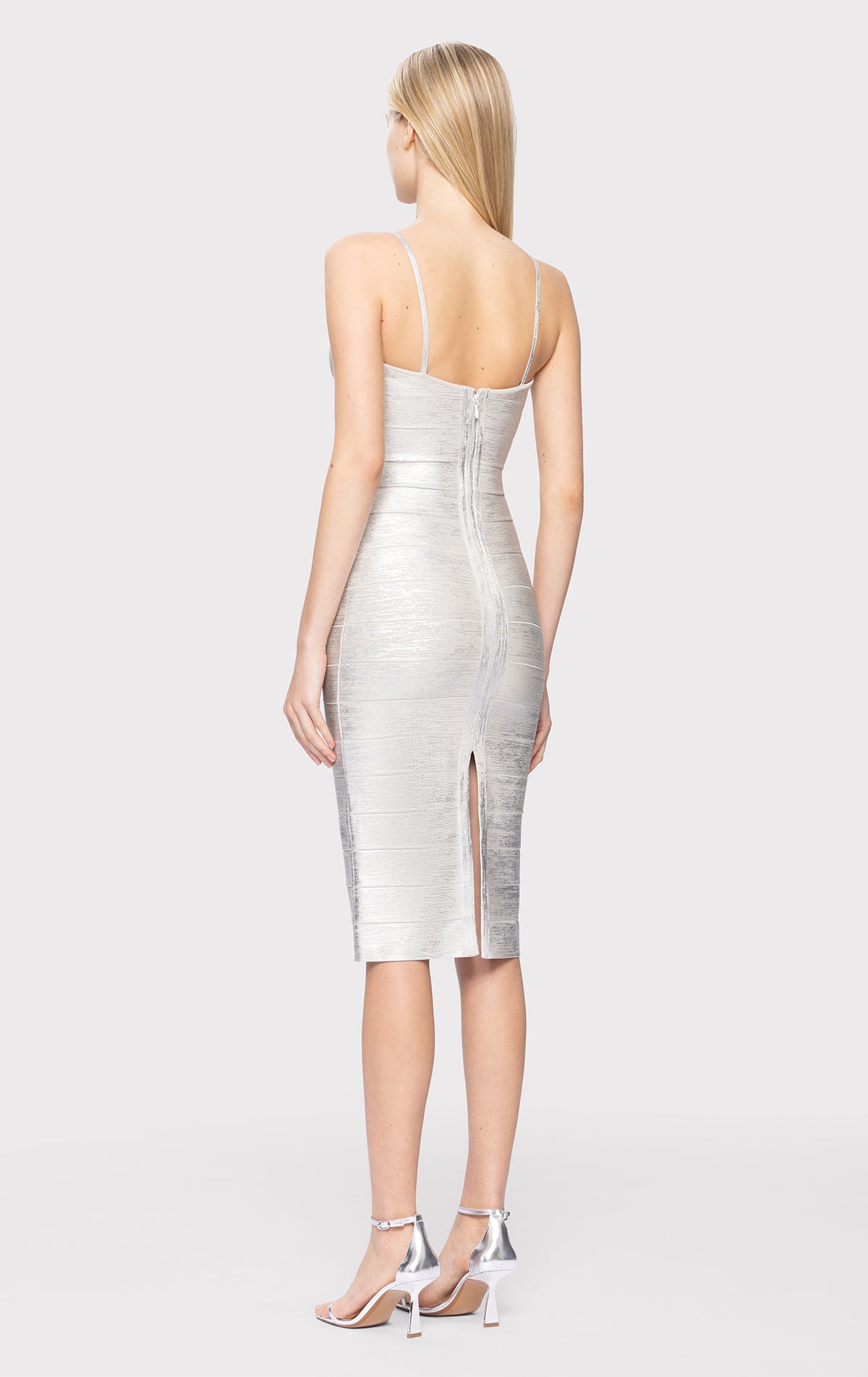 silver strapless midi dress Foil Strappy Sweetheart Midi Dress