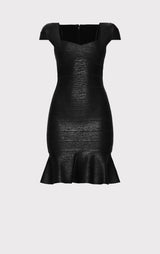 FOIL CAP SLEEVE FLARE SKIRT BANDAGE DRESS