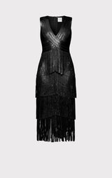 V NECK FOIL FRINGE MIDI DRESS