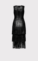 V NECK FOIL FRINGE MIDI DRESS