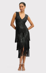 V NECK FOIL FRINGE MIDI DRESS