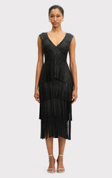 V NECK FOIL FRINGE MIDI DRESS