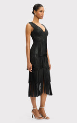 V NECK FOIL FRINGE MIDI DRESS