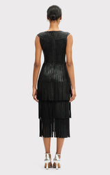V NECK FOIL FRINGE MIDI DRESS
